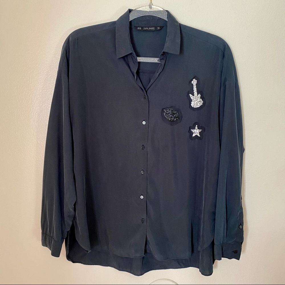 Zara Basic Black Long Sleeve Embroidered Button Front Shirt